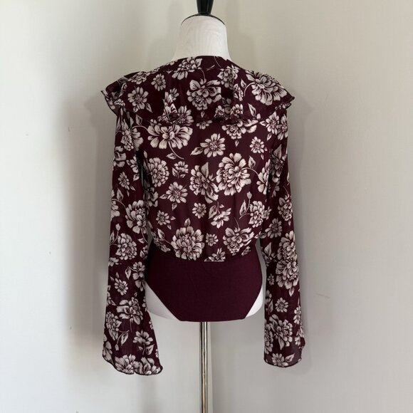 Band Of Gypsies Blouse Top Bodysuit XS Burgundy Vintage Floral Long Bell Sleeve - Picture 4 of 13